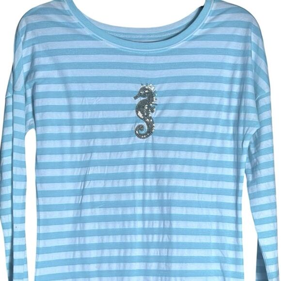 Lilly Pulitzer Blue White Striped Tina Top with Gold Sequins Seahorse 📦 - Picture 5 of 9